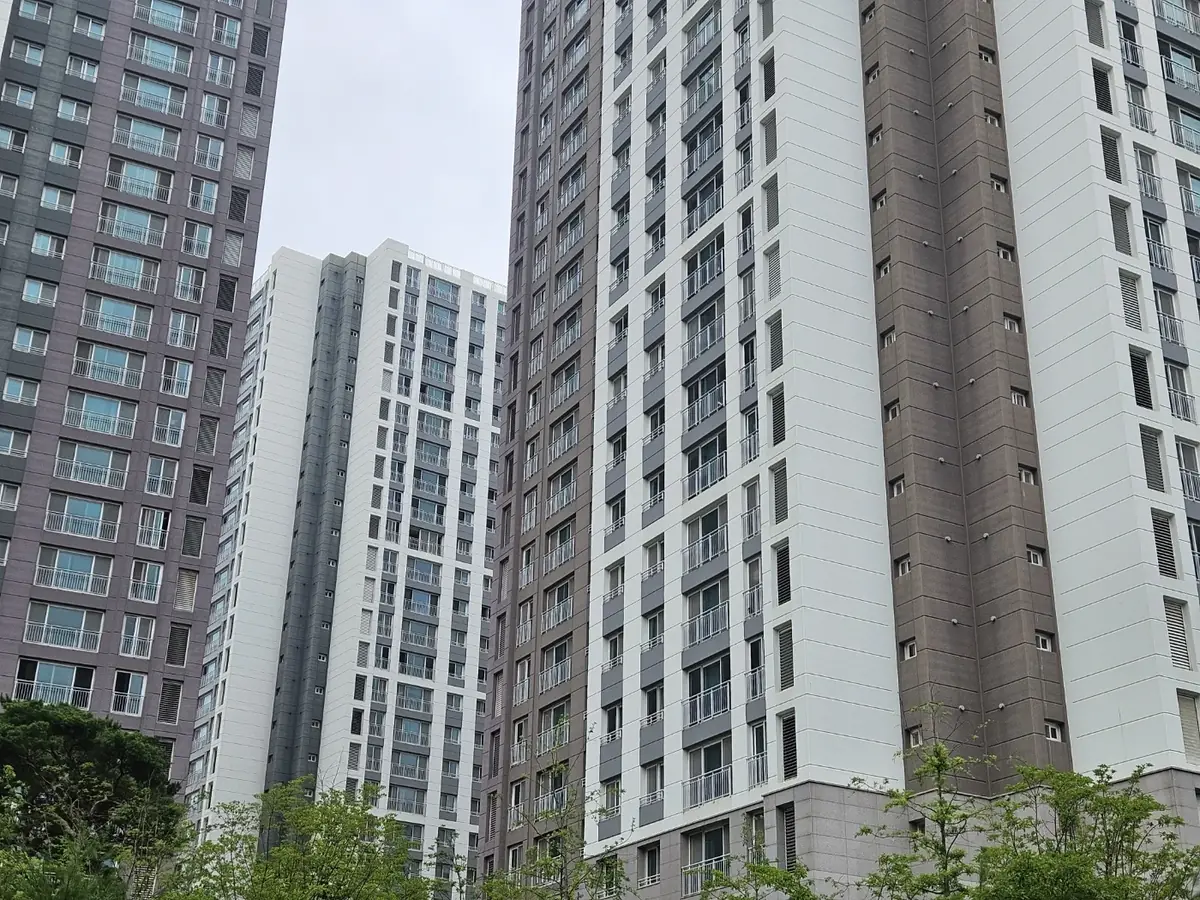검단신도시 신축 아파트 고층 동, 아래에서 올려다본 전경